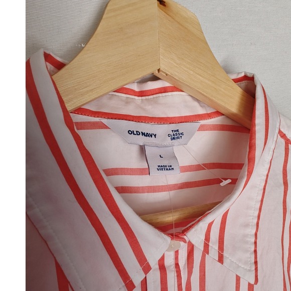 Old Navy The Classic Shirt Large Orange Coral White Striped Button Down Cotton L - Picture 5 of 7